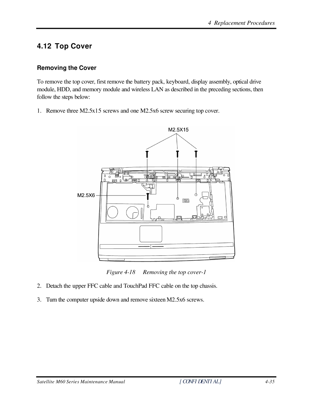 Toshiba M60 manual Top Cover, Removing the Cover 