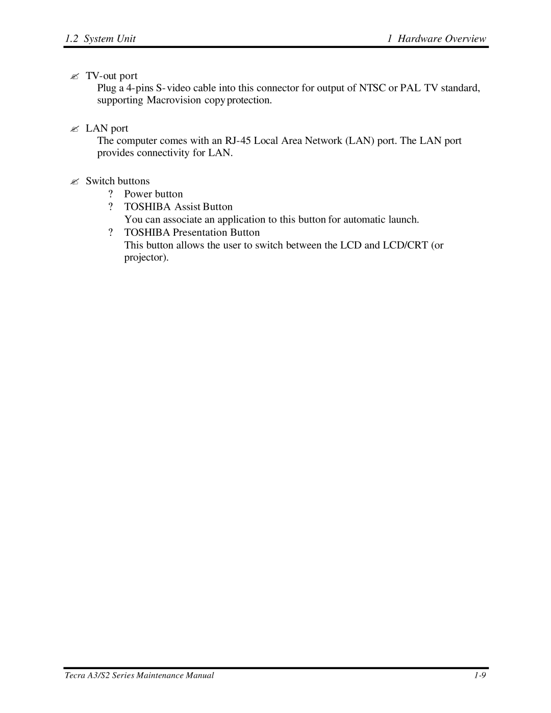 Toshiba M60 manual System Unit Hardware Overview 