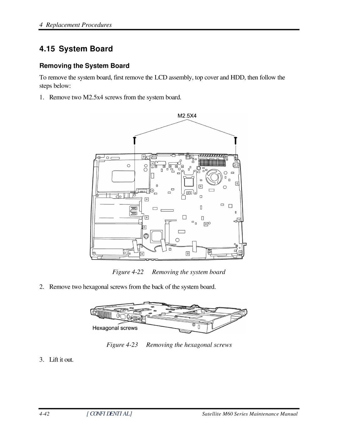 Toshiba M60 manual Removing the System Board 