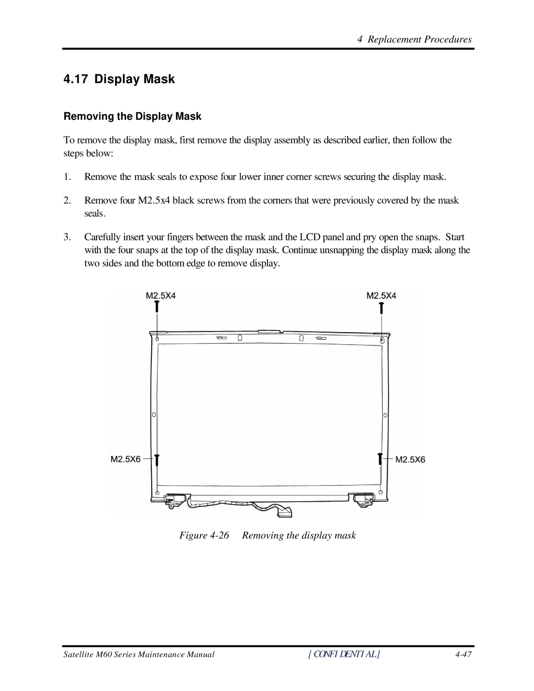 Toshiba M60 manual Removing the Display Mask 