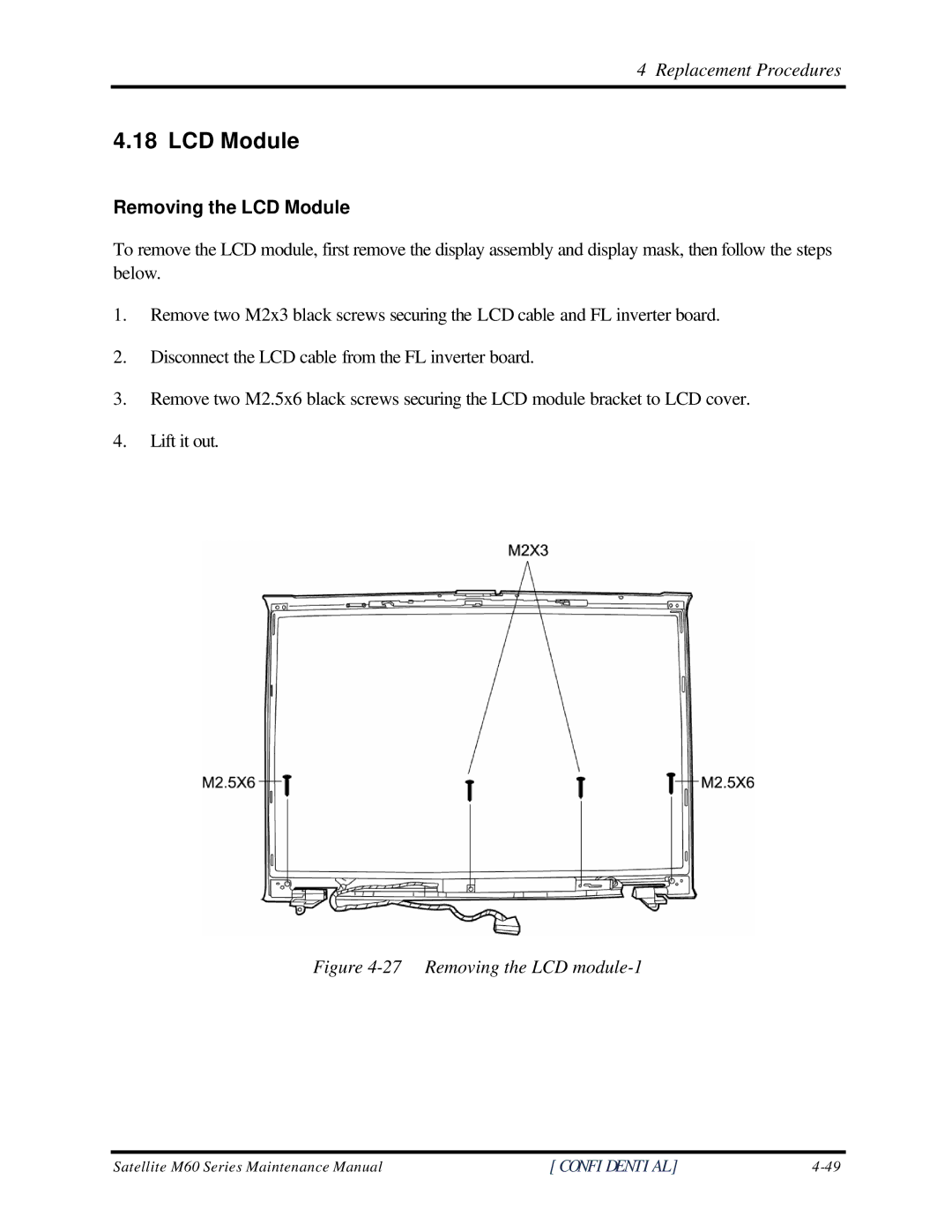 Toshiba M60 manual Removing the LCD Module 