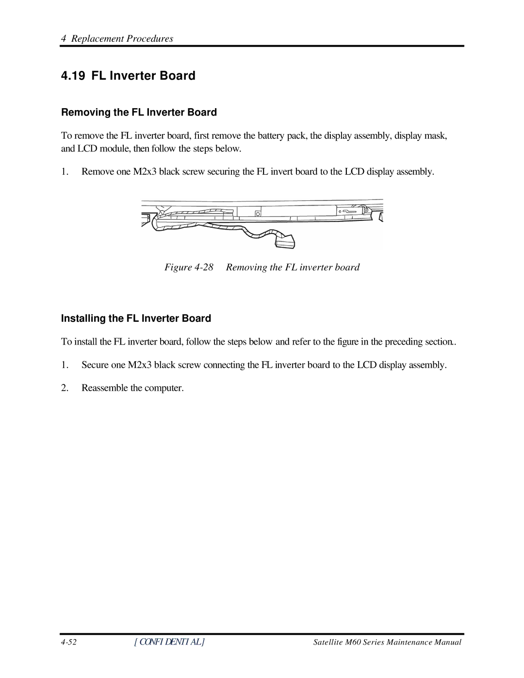 Toshiba M60 manual Removing the FL Inverter Board, Installing the FL Inverter Board 