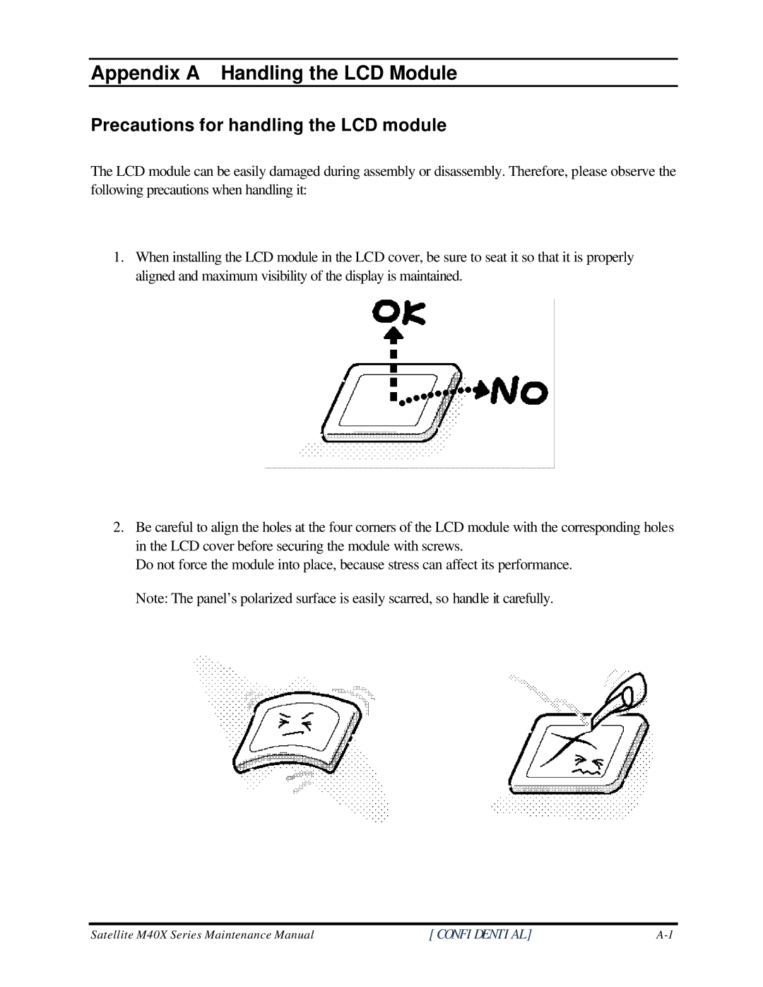 Toshiba M60 manual Appendix a Handling the LCD Module, Precautions for handling the LCD module 