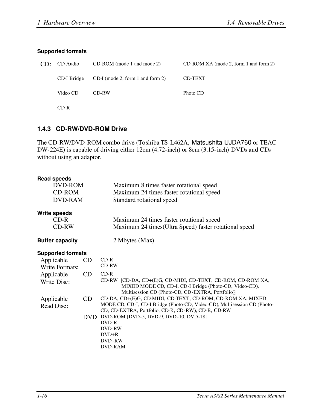 Toshiba M60 manual Hardware Overview Removable Drives, CD-RW/DVD-ROM Drive 