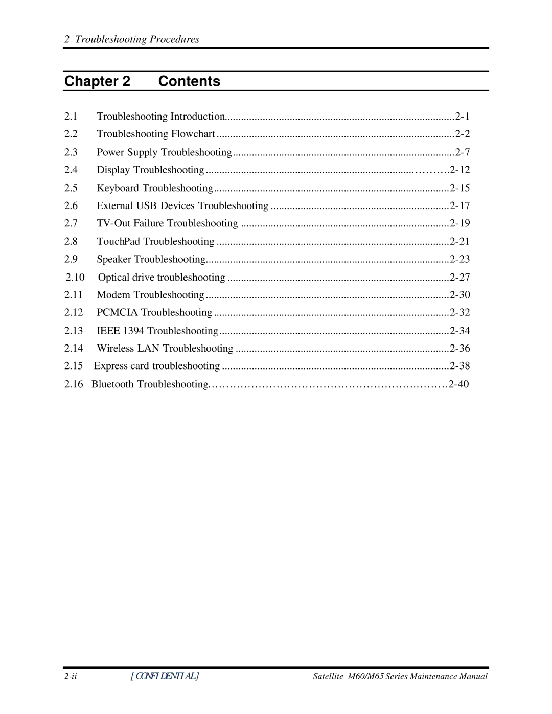 Toshiba M60 manual Troubleshooting Procedures 