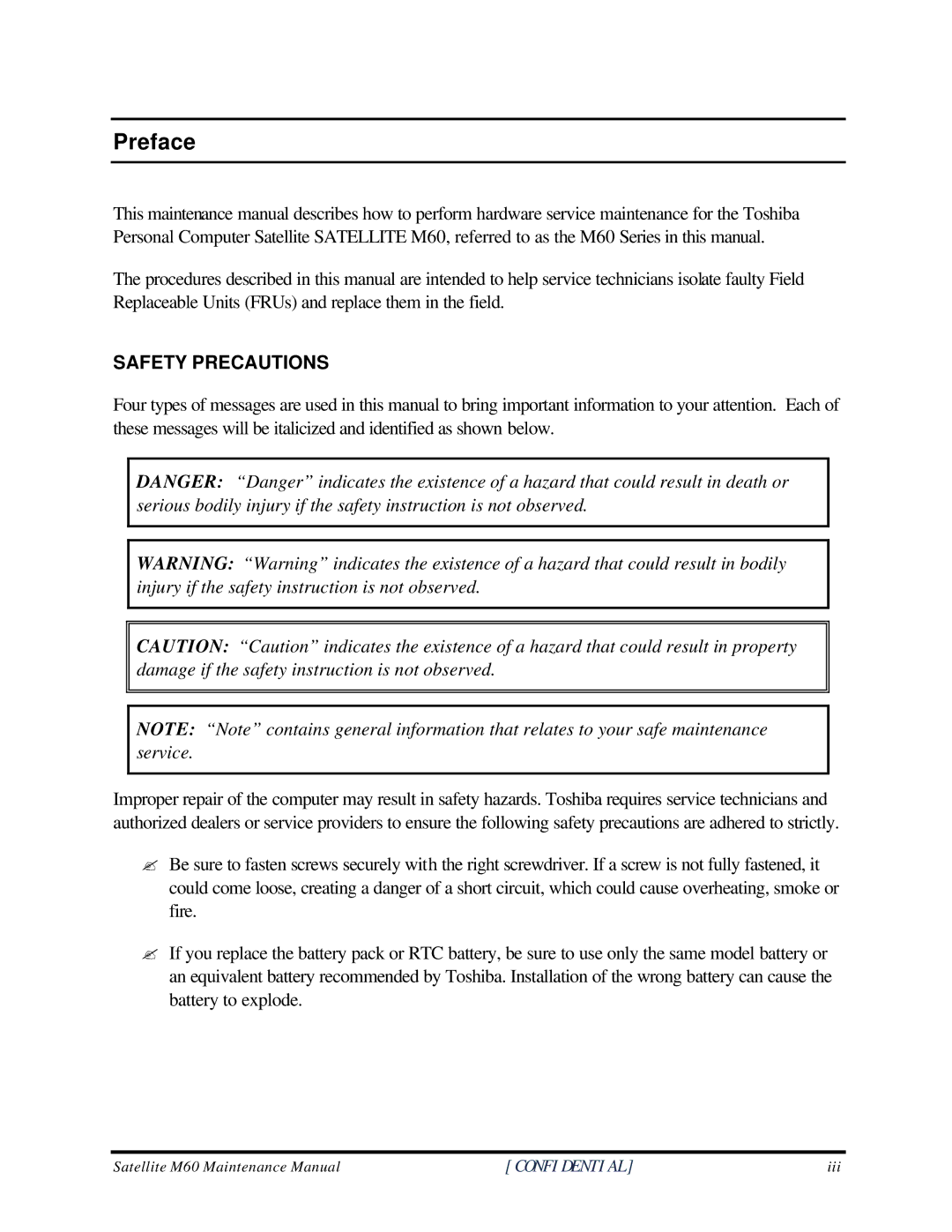 Toshiba M60 manual Preface, Safety Precautions 