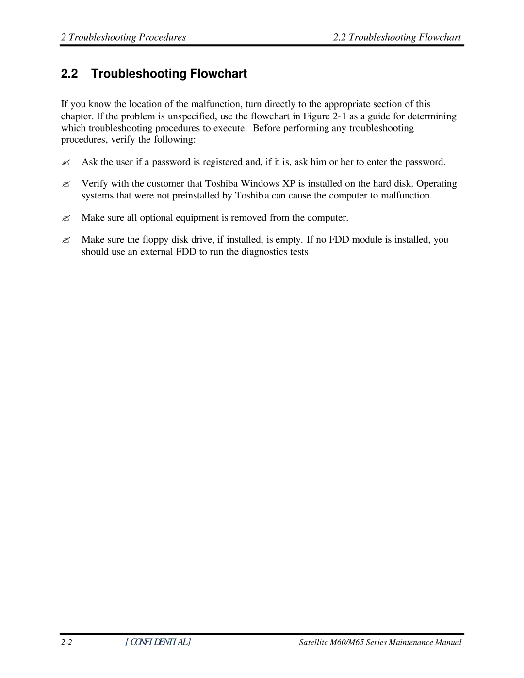 Toshiba M60 manual Troubleshooting Procedures Troubleshooting Flowchart 