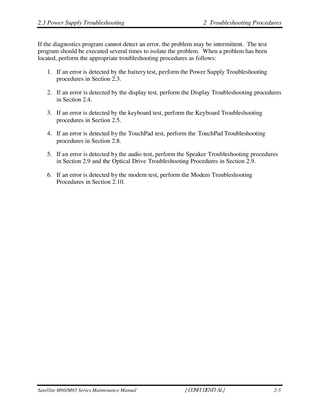 Toshiba M60 manual Power Supply Troubleshooting Troubleshooting Procedures 