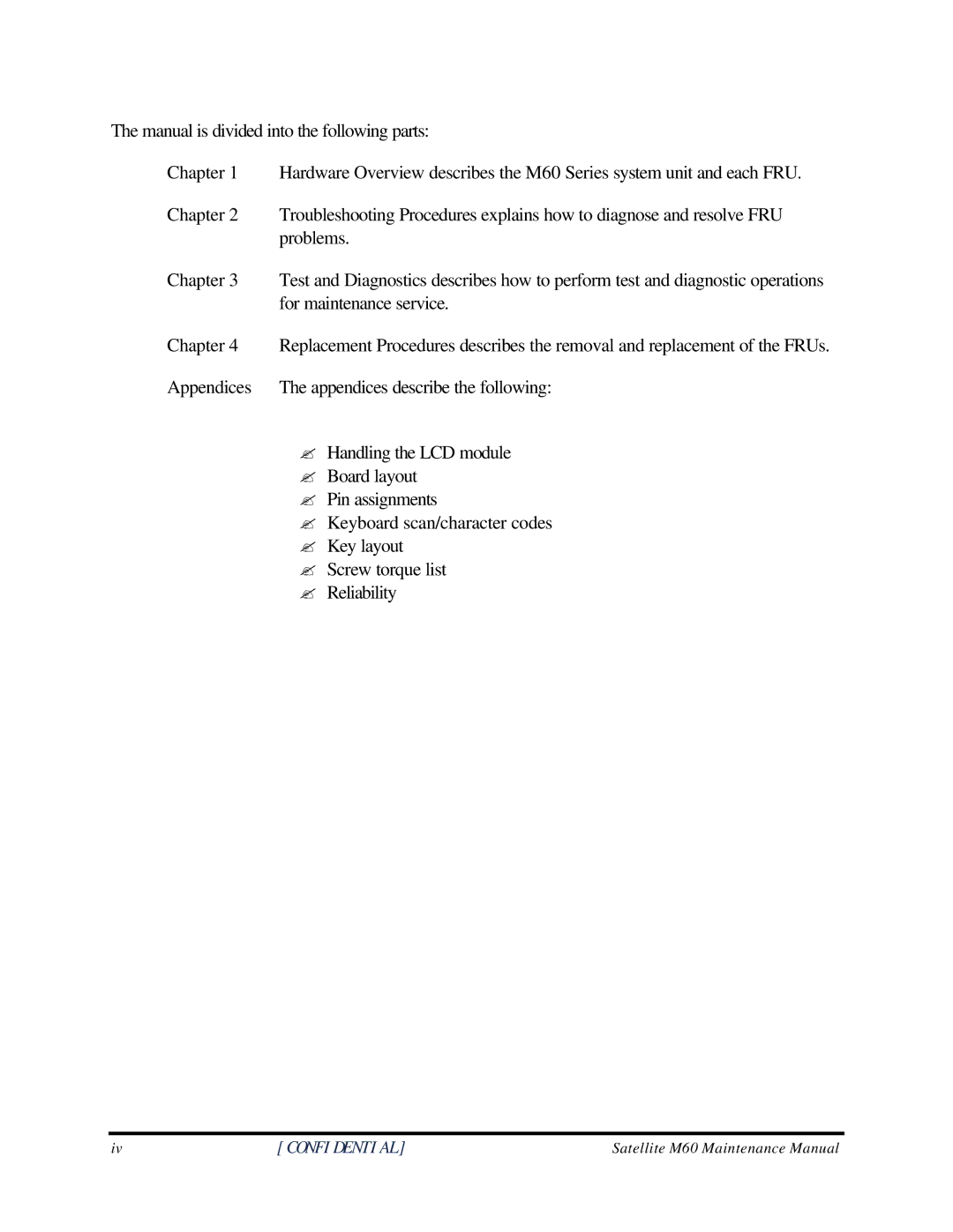 Toshiba M60 manual Confidential 