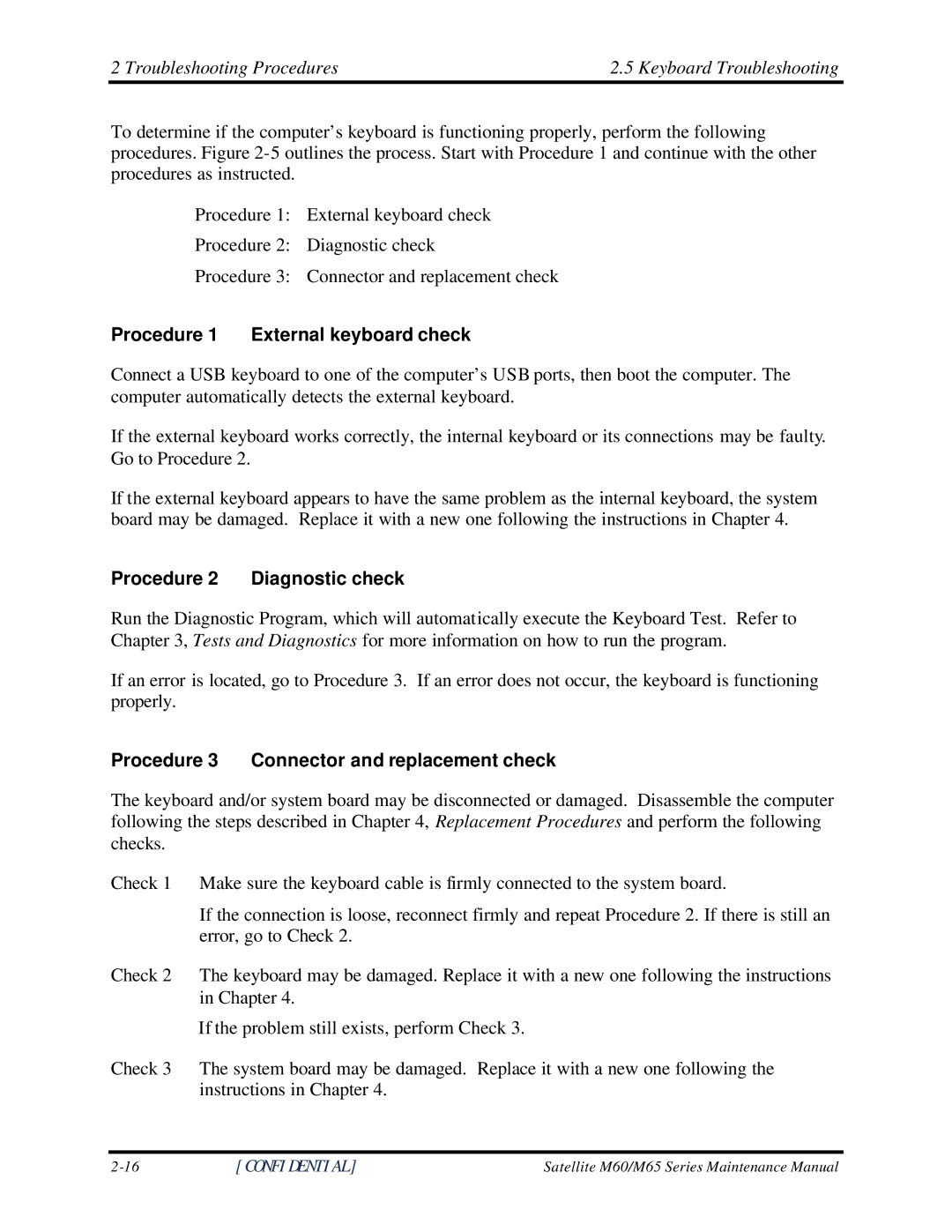 Toshiba M60 manual Troubleshooting Procedures Keyboard Troubleshooting, Procedure 1 External keyboard check 