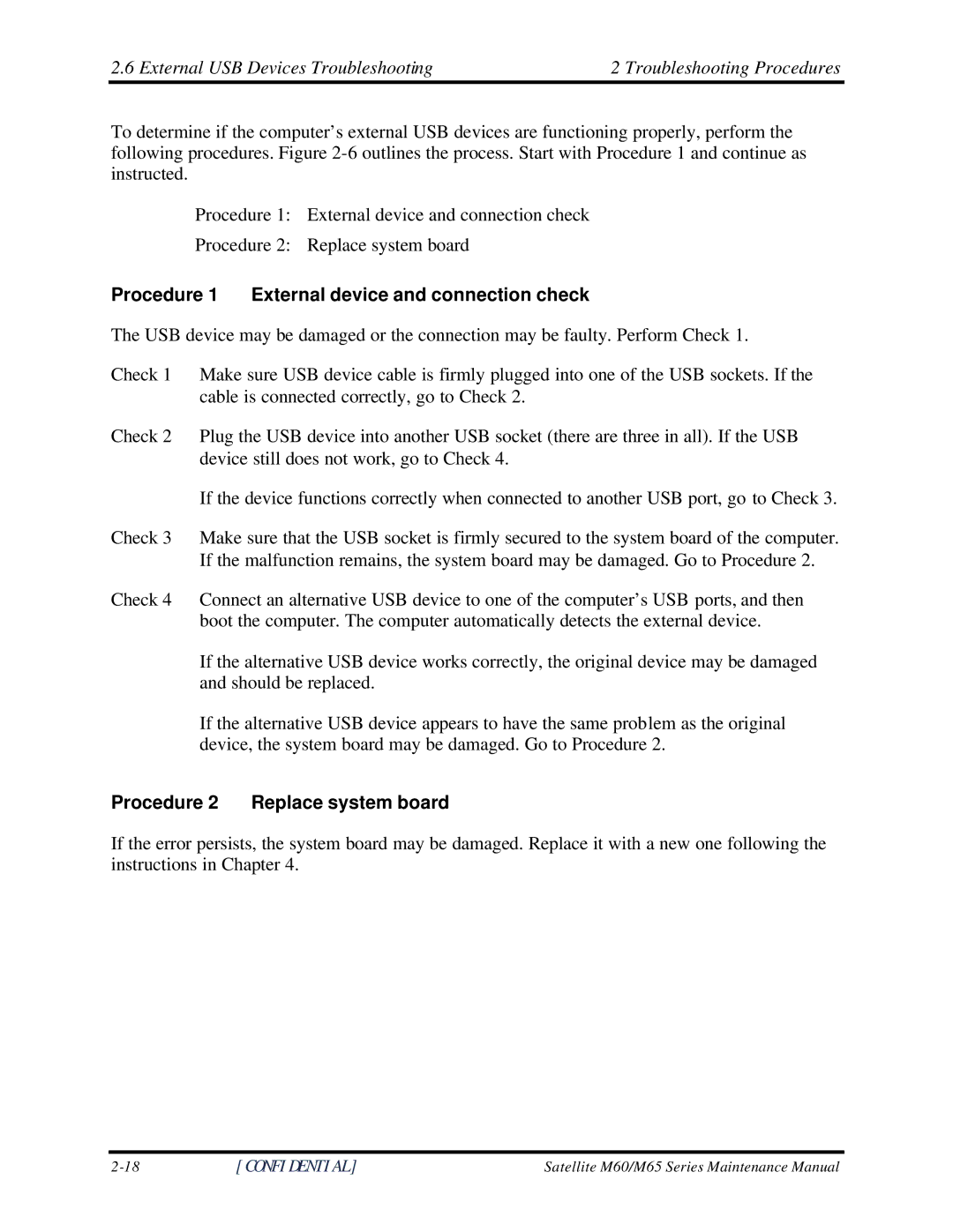 Toshiba M60 manual Procedure 1 External device and connection check, Procedure 2 Replace system board 