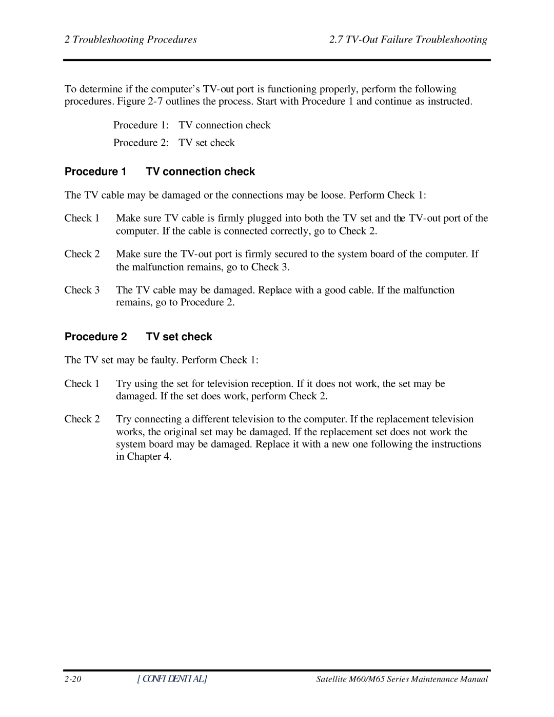 Toshiba M60 manual Troubleshooting Procedures TV-Out Failure Troubleshooting, Procedure 1 TV connection check 