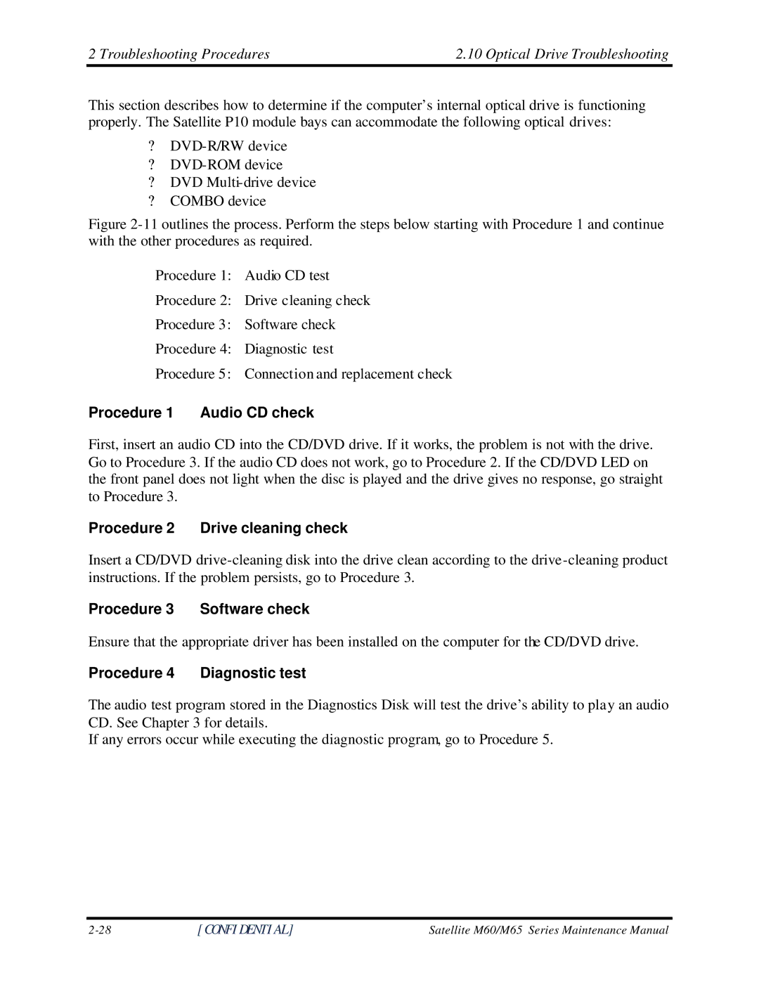 Toshiba M60 Troubleshooting Procedures Optical Drive Troubleshooting, Procedure 1 Audio CD check, Procedure Software check 