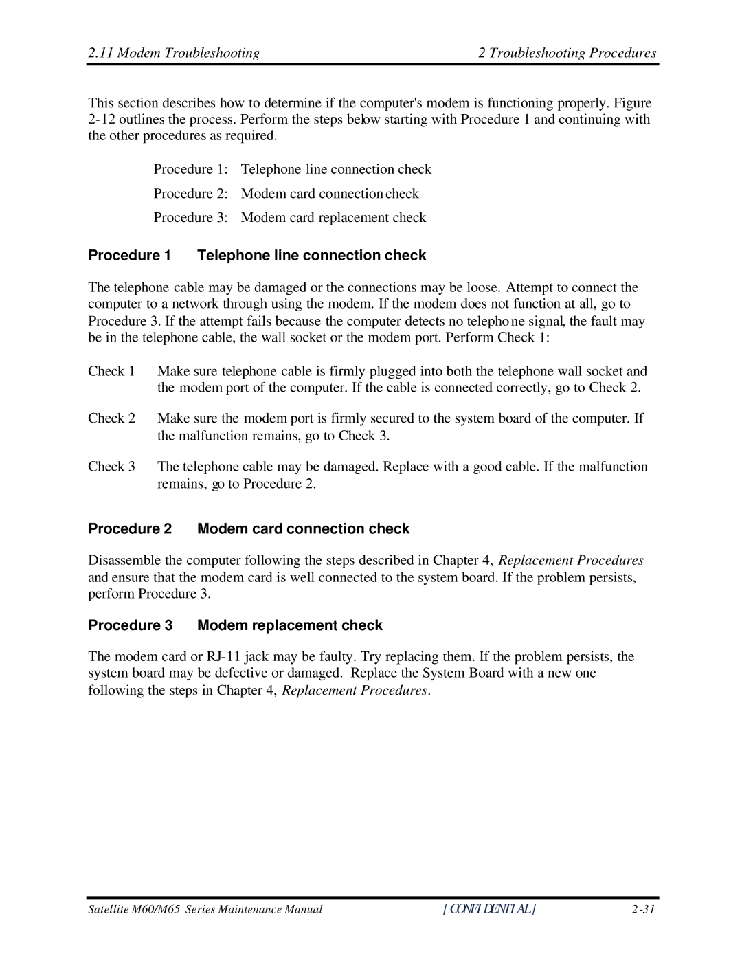 Toshiba M60 manual Modem Troubleshooting Troubleshooting Procedures, Procedure 1 Telephone line connection check 