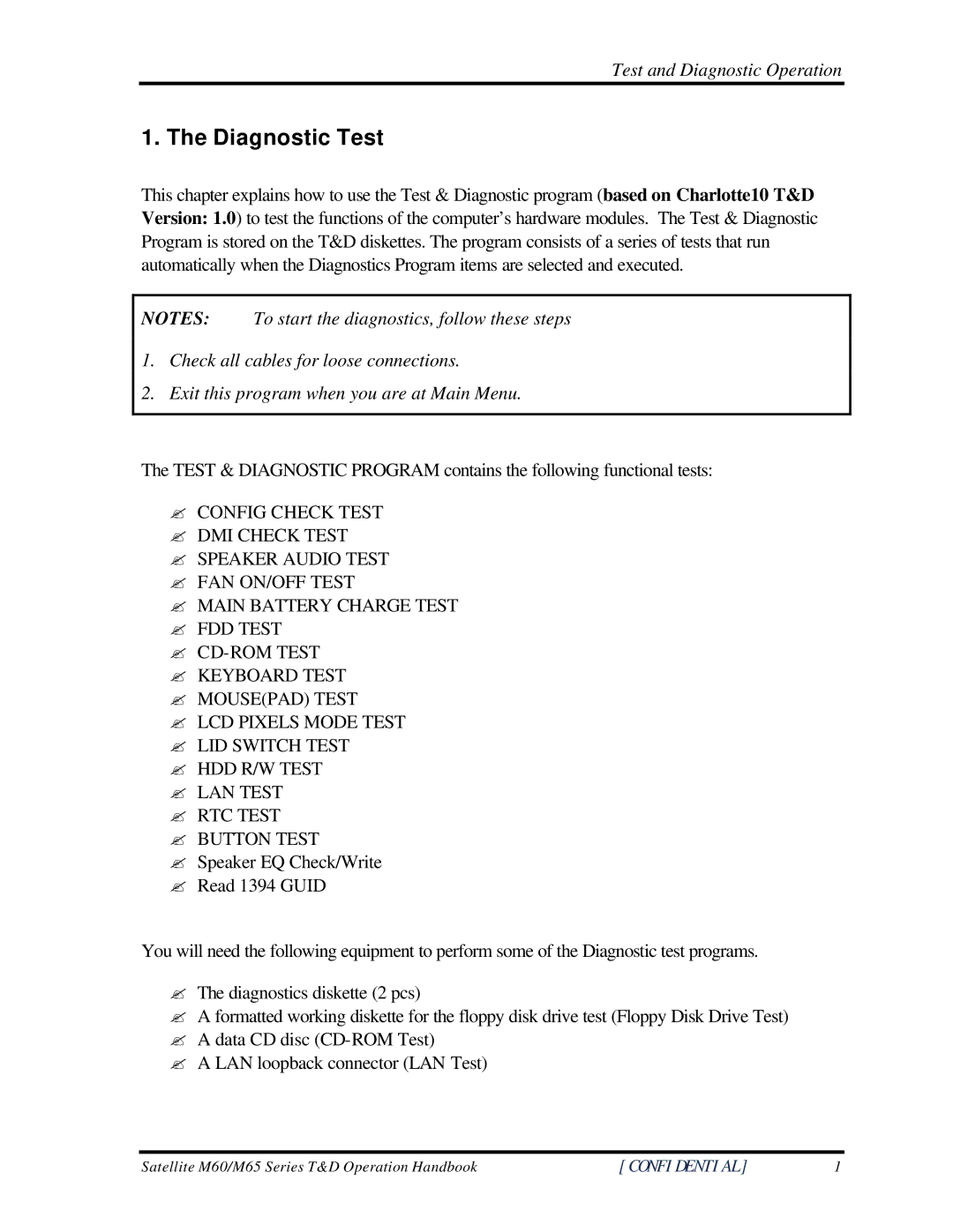 Toshiba M60 manual Diagnostic Test 