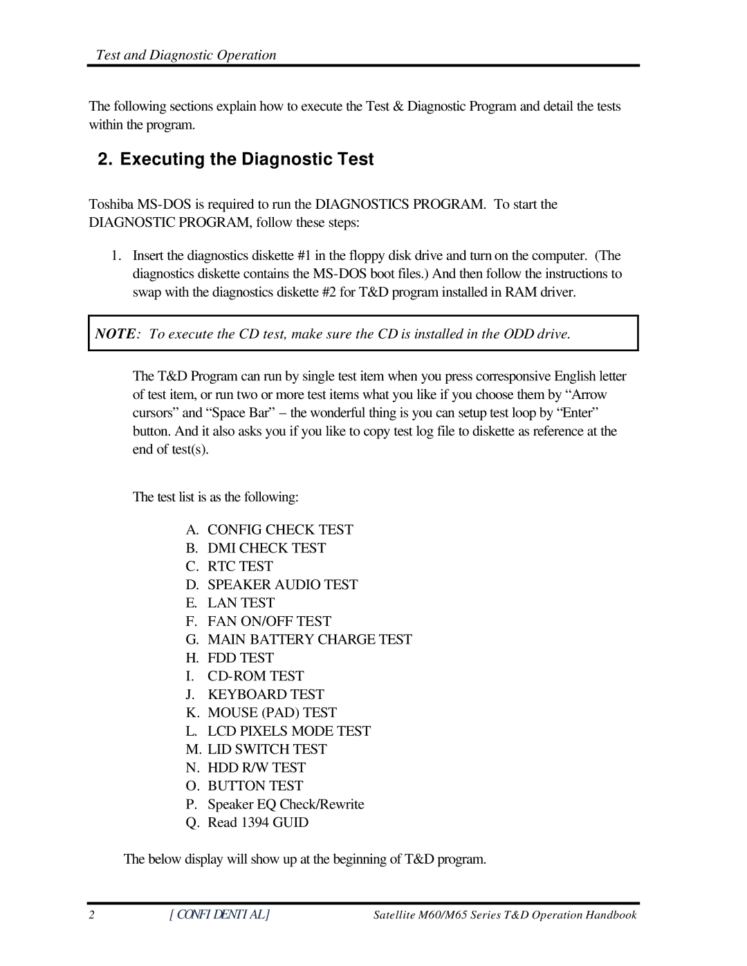 Toshiba M60 manual Executing the Diagnostic Test 