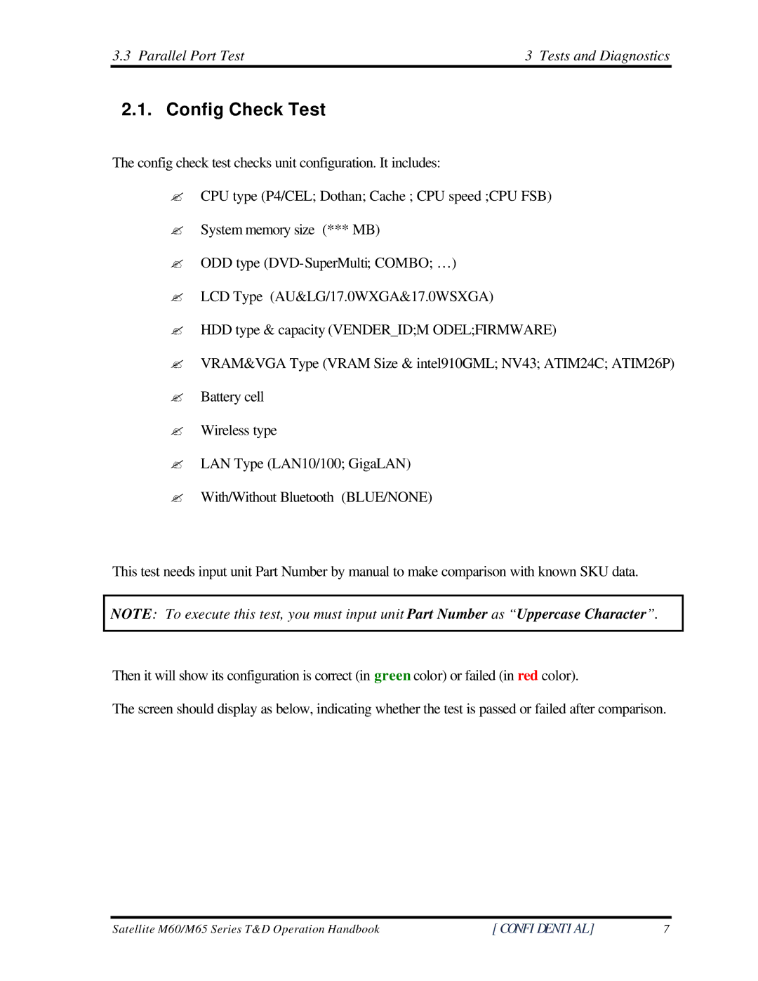 Toshiba M60 manual Config Check Test, Parallel Port Test Tests and Diagnostics 