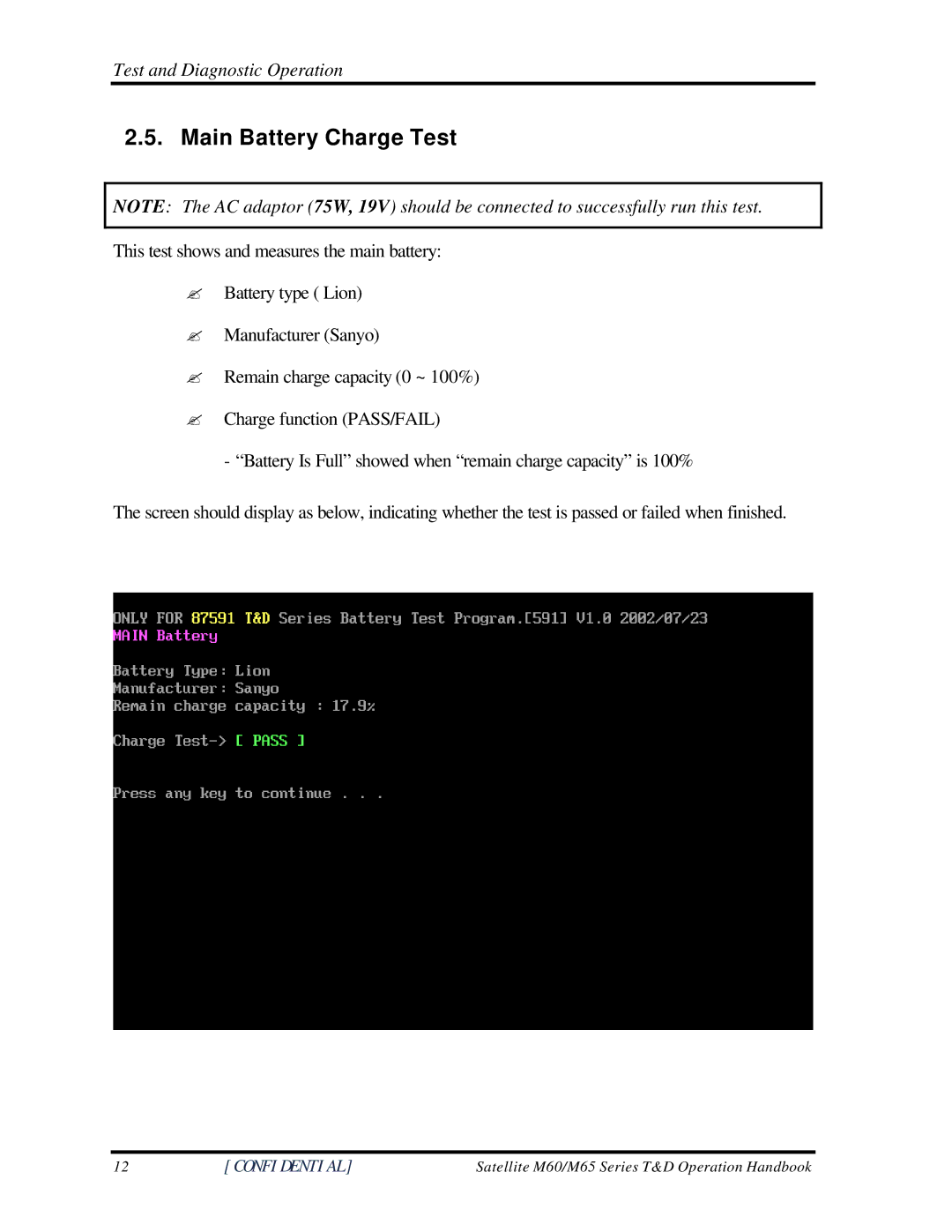 Toshiba M60 manual Main Battery Charge Test 