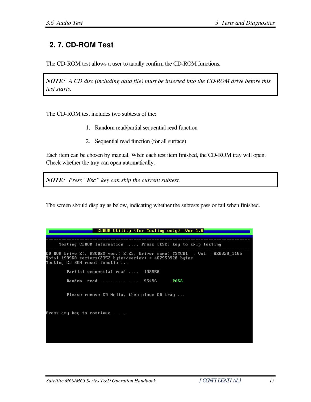 Toshiba M60 manual CD-ROM Test, Audio Test Tests and Diagnostics 