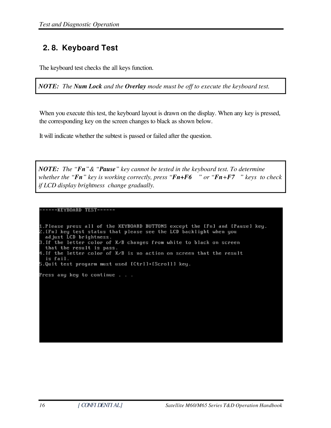 Toshiba M60 manual Keyboard Test, Test and Diagnostic Operation 