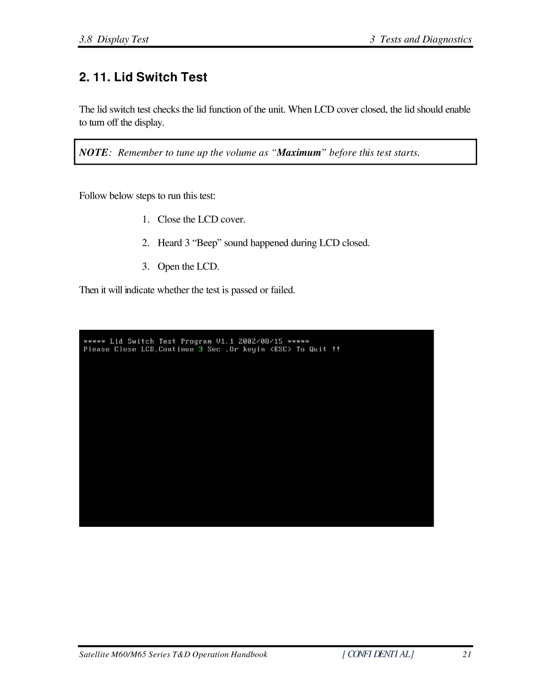 Toshiba M60 manual Lid Switch Test, Display Test Tests and Diagnostics 