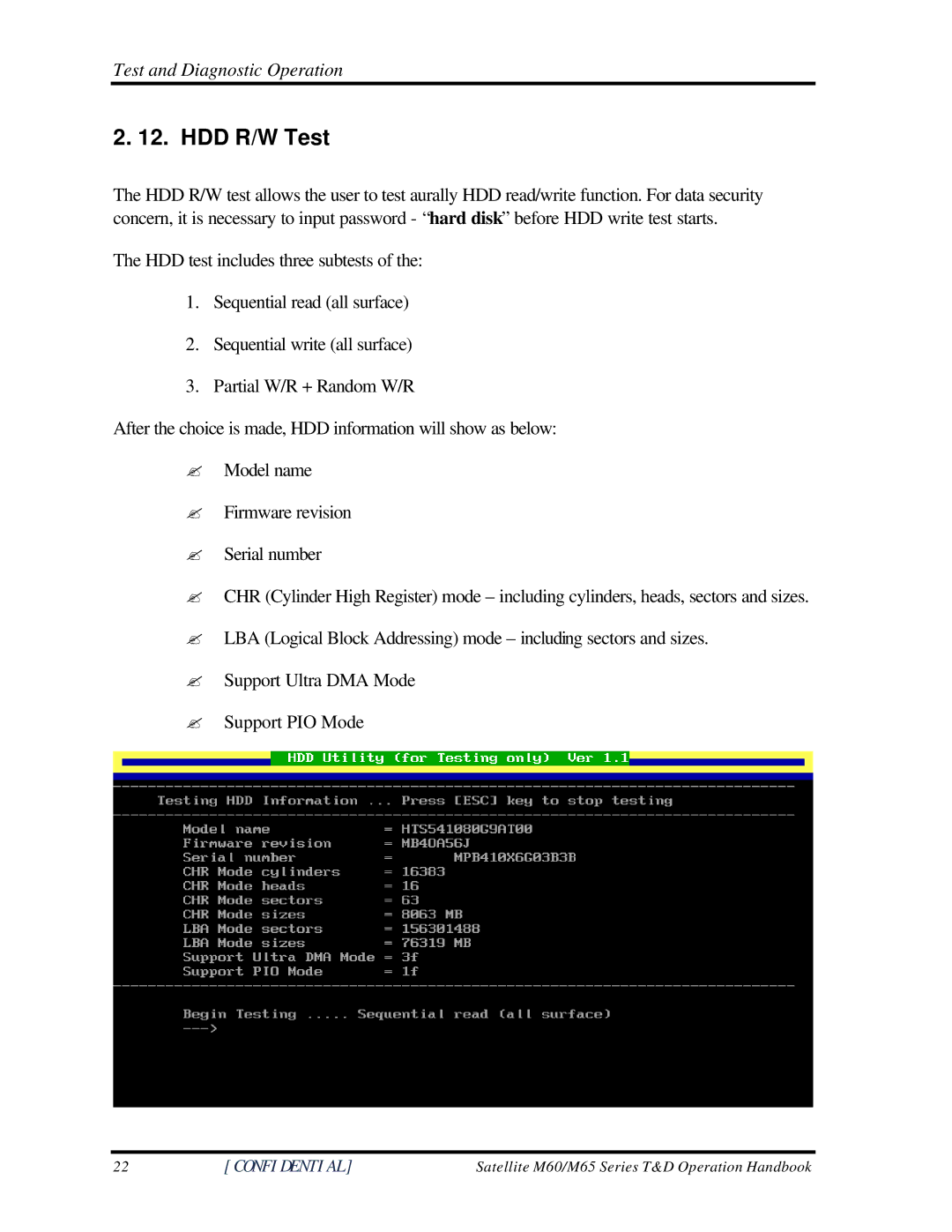 Toshiba M60 manual HDD R/W Test, Test and Diagnostic Operation 