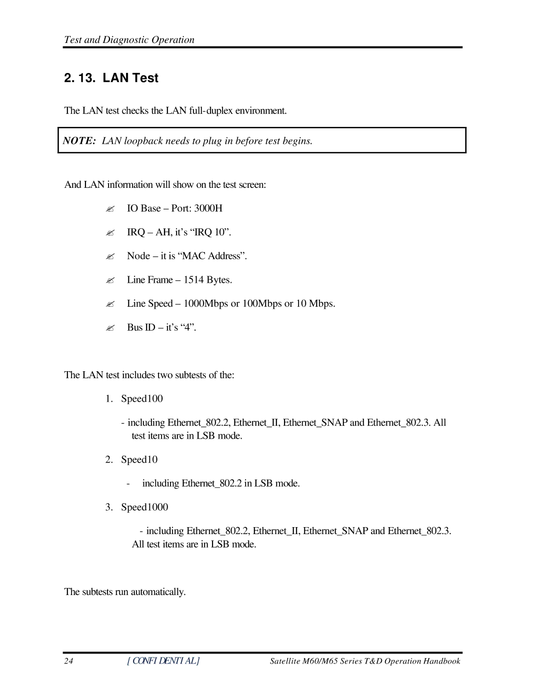 Toshiba M60 manual LAN Test 