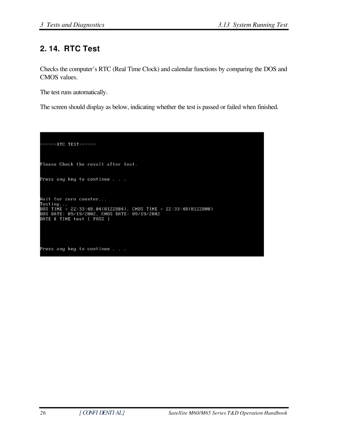 Toshiba M60 manual RTC Test, Tests and Diagnostics System Running Test 