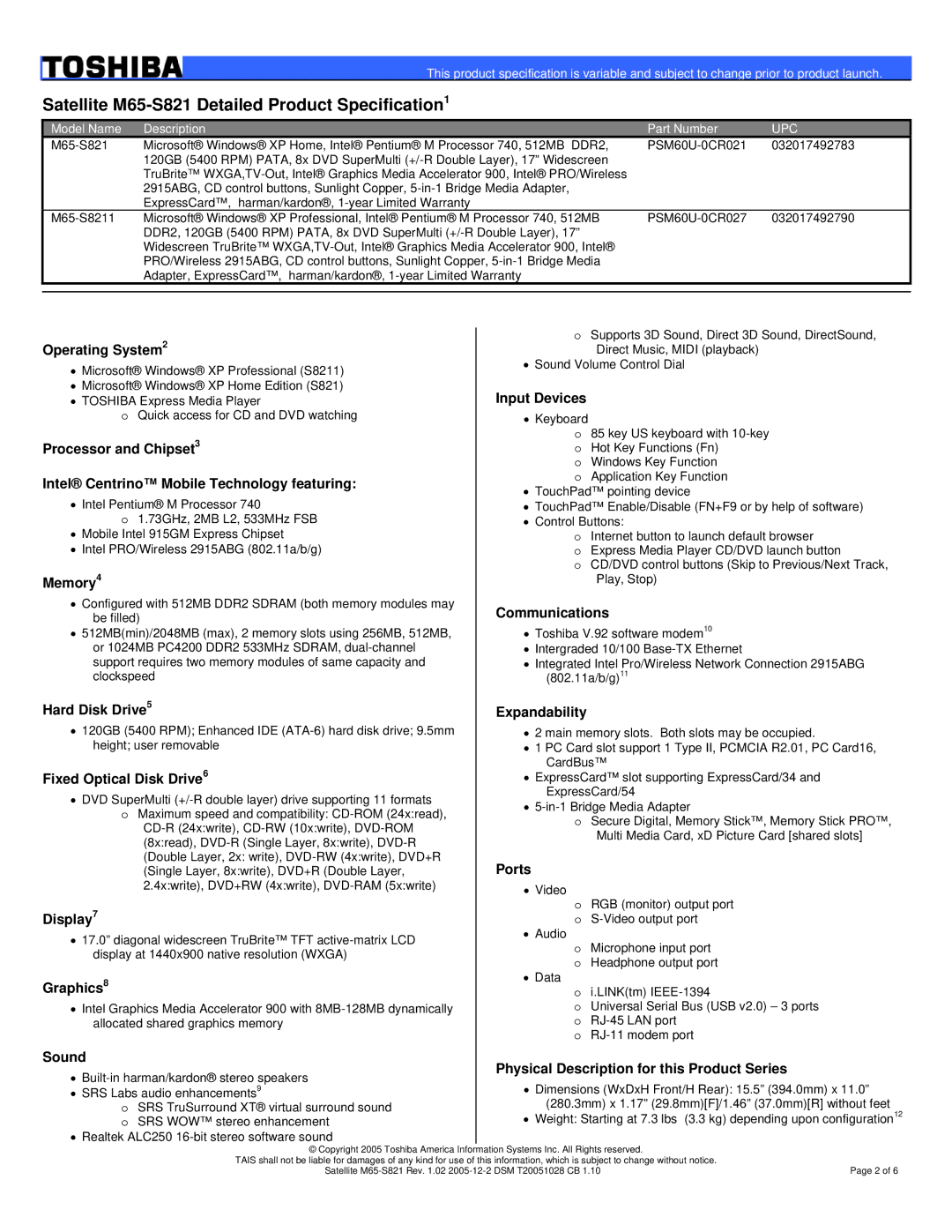 Toshiba warranty Satellite M65-S821 Detailed Product Specification1, Upc 