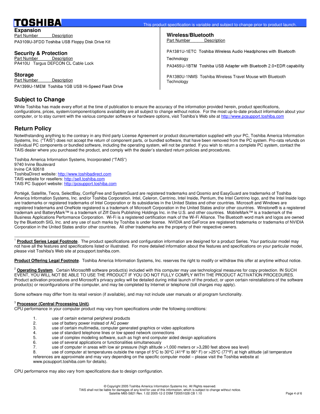 Toshiba M65-S821 warranty Subject to Change Return Policy, Processor Central Processing Unit 