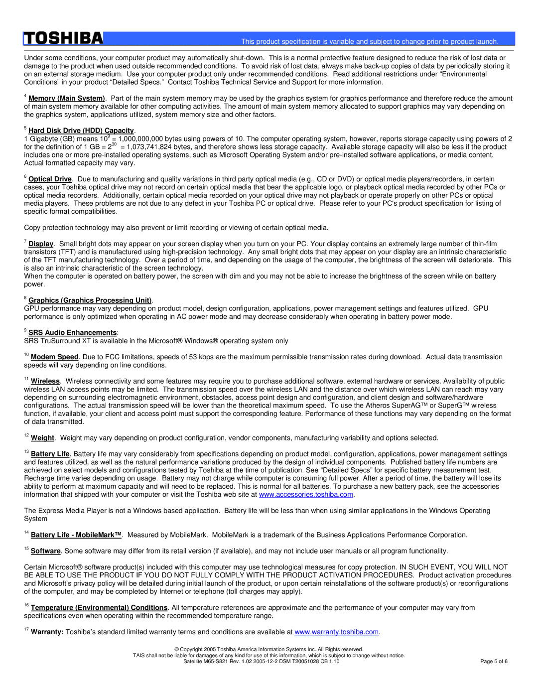 Toshiba M65-S821 warranty Hard Disk Drive HDD Capacity, Graphics Graphics Processing Unit, SRS Audio Enhancements 