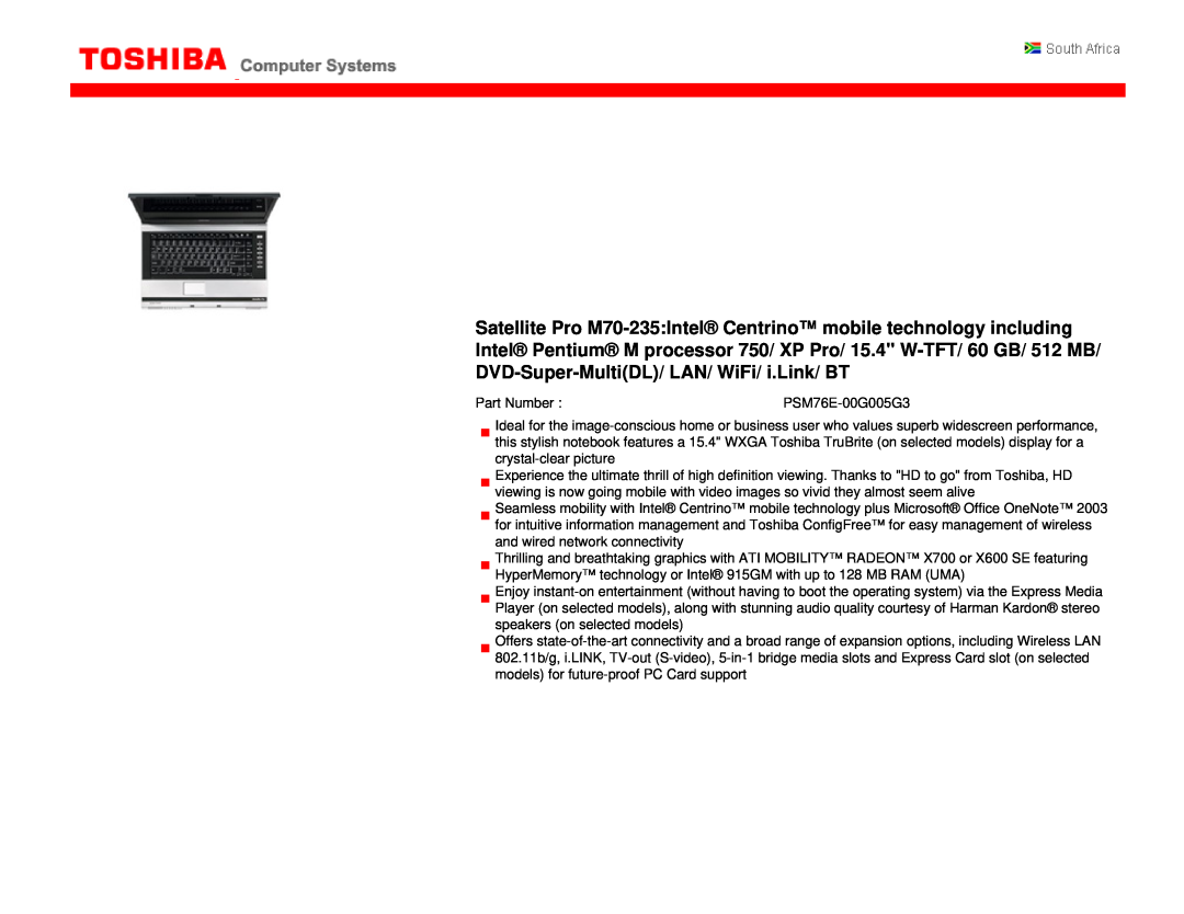 Toshiba M70-235 manual Part Number 