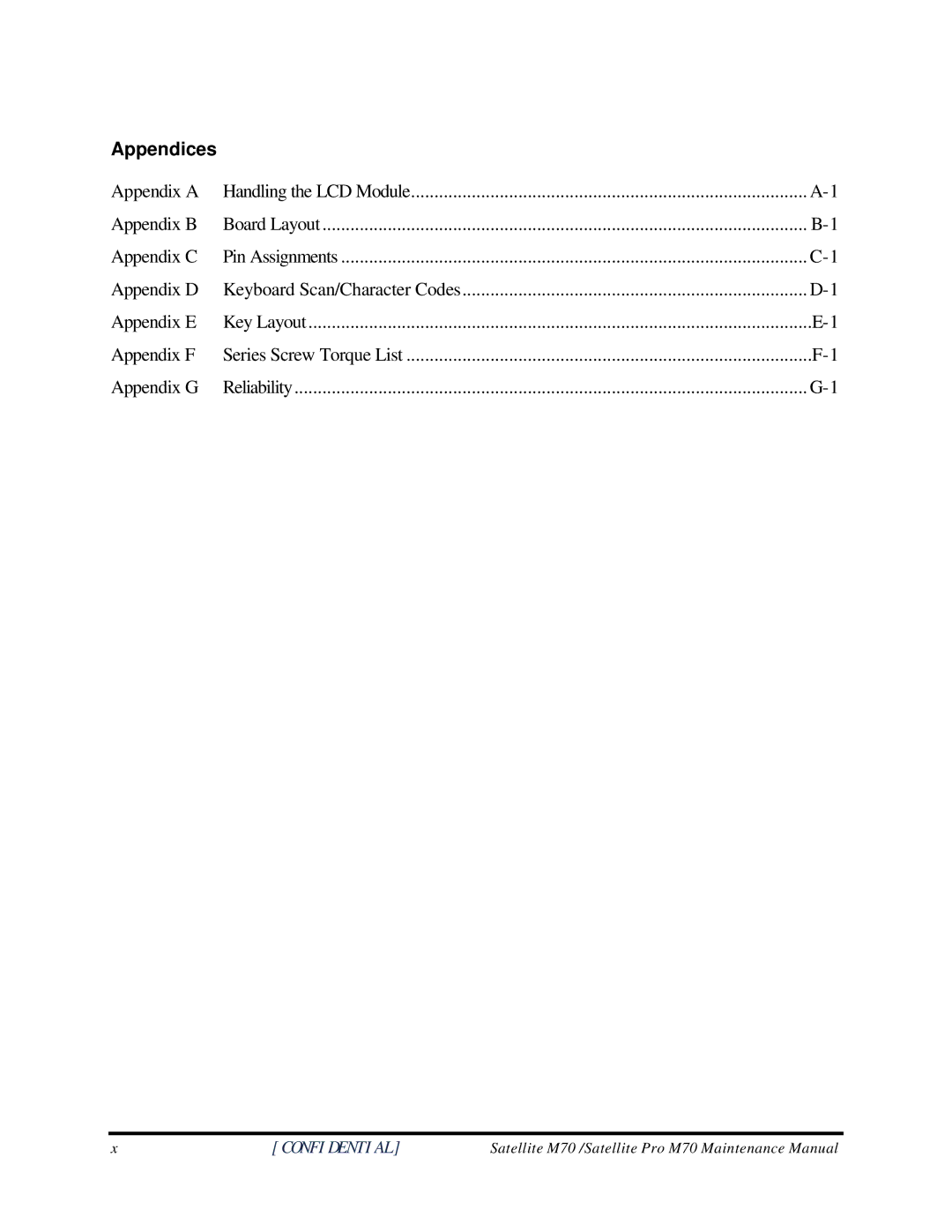 Toshiba M70 manual Appendices 