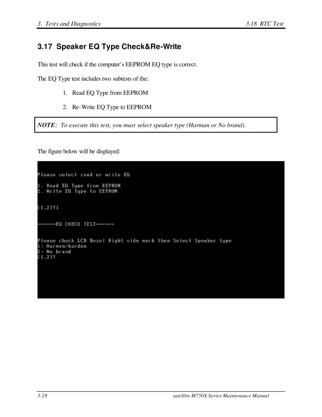 Toshiba M70 manual Speaker EQ Type Check&Re-Write, Tests and Diagnostics RTC Test 