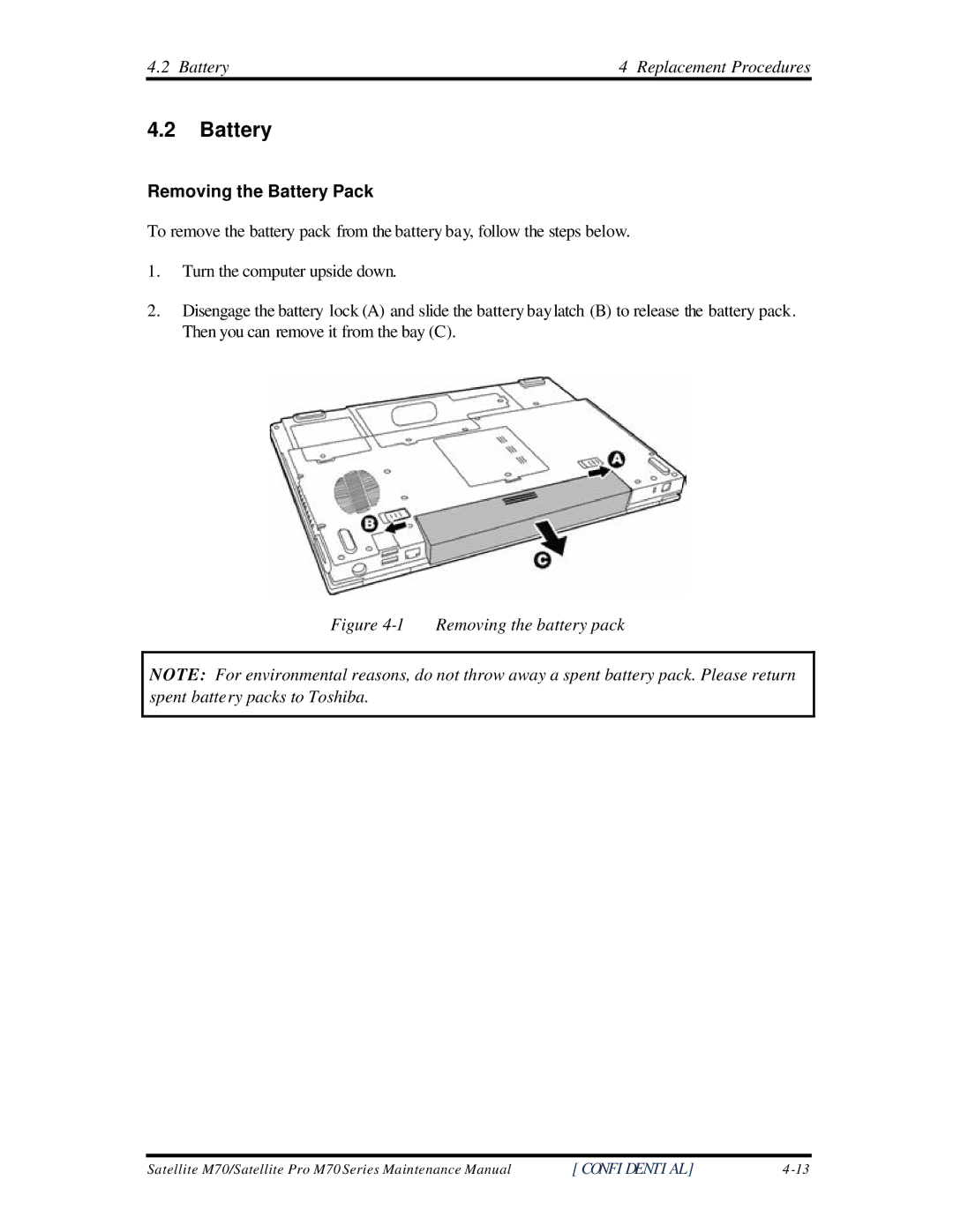 Toshiba M70 manual Removing the Battery Pack 