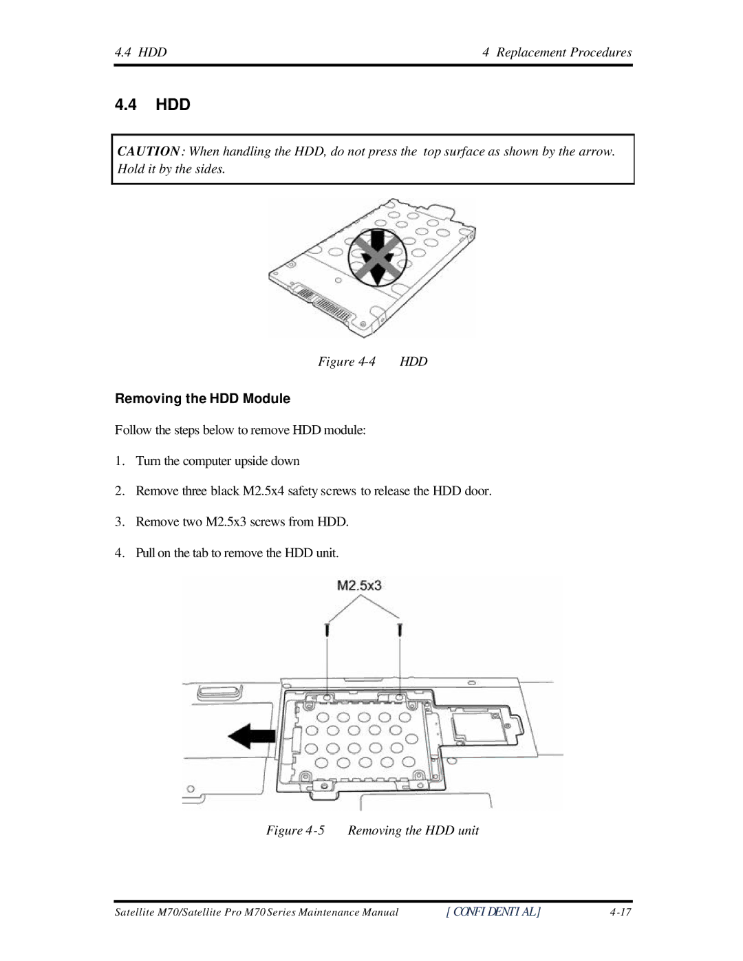 Toshiba M70 manual Hdd, Removing the HDD Module 