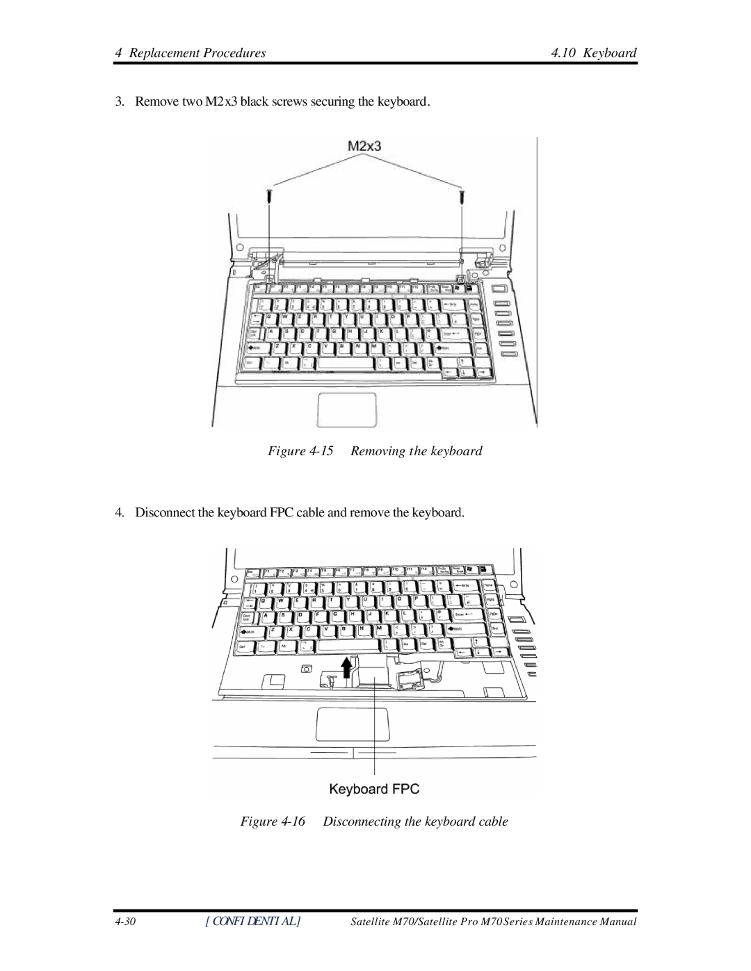 Toshiba M70 manual Removing the keyboard 