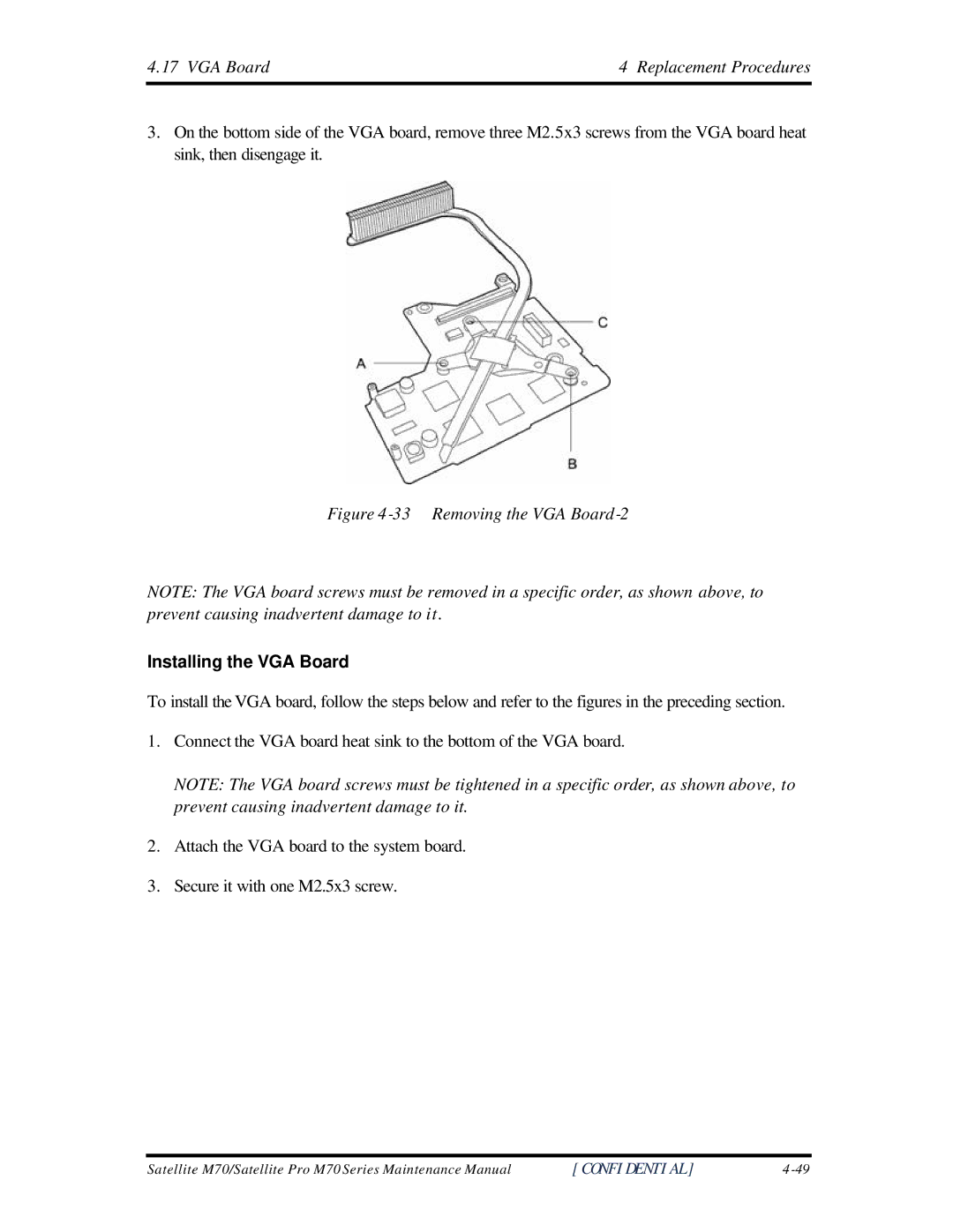 Toshiba M70 manual Removing the VGA Board-2, Installing the VGA Board 