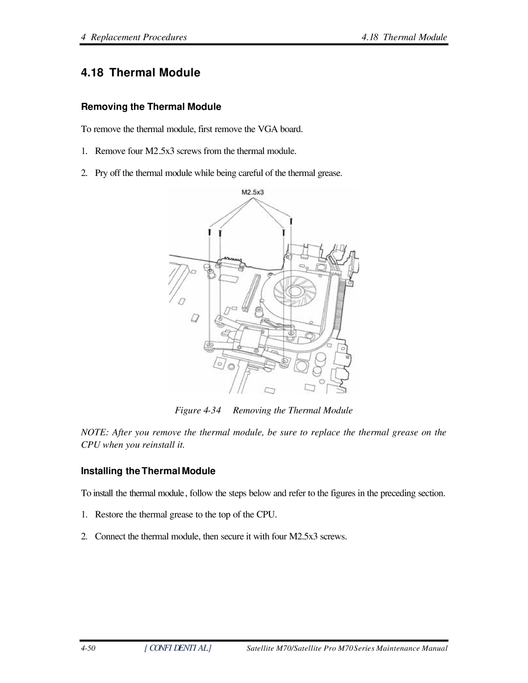 Toshiba M70 manual Removing the Thermal Module, Installing the Thermal Module 