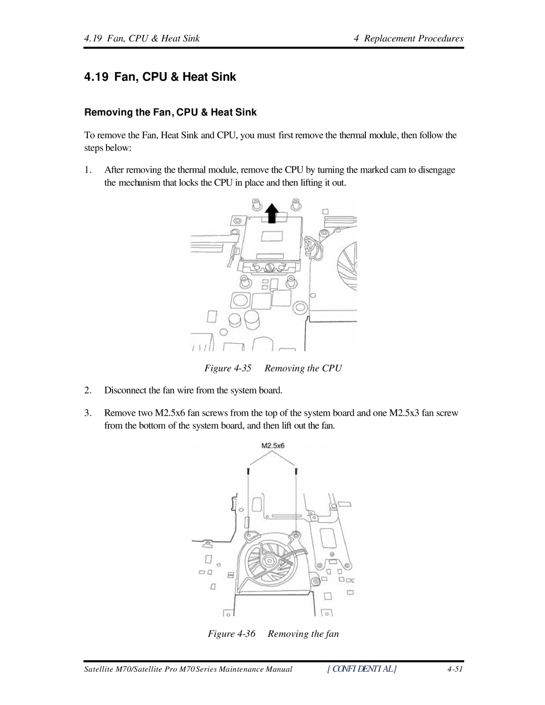 Toshiba M70 manual 19 Fan, CPU & Heat Sink, Removing the Fan, CPU & Heat Sink 