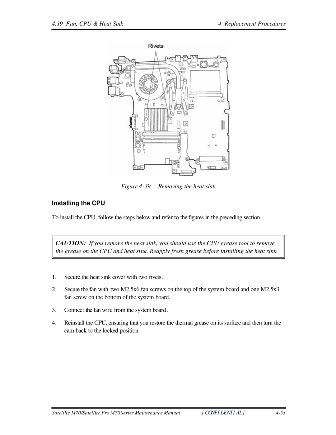 Toshiba M70 manual Removing the heat sink, Installing the CPU 