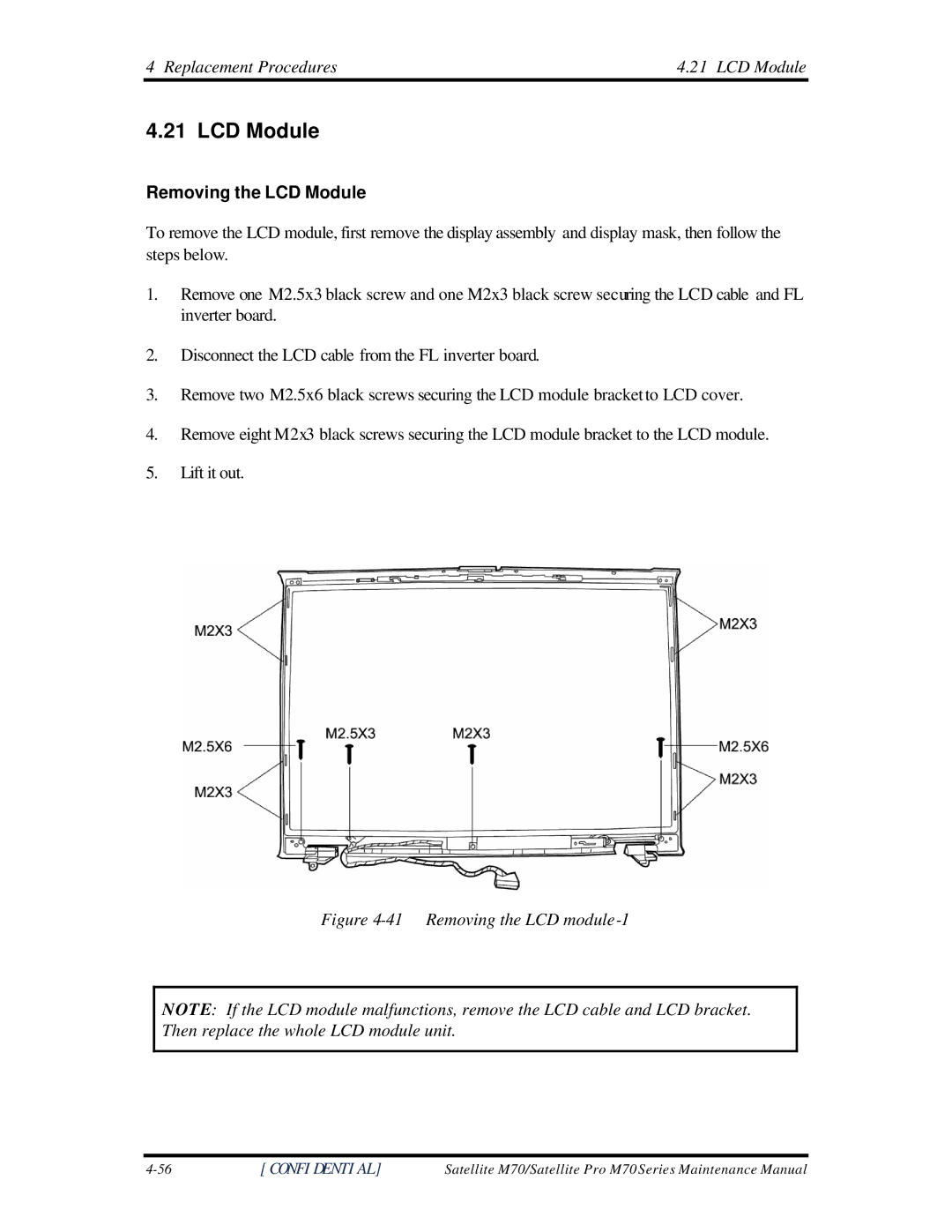 Toshiba M70 manual Removing the LCD Module 