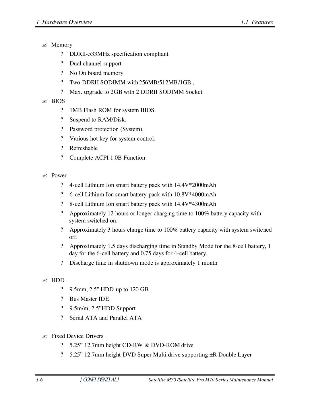 Toshiba M70 manual Hardware Overview Features, ? Bios 