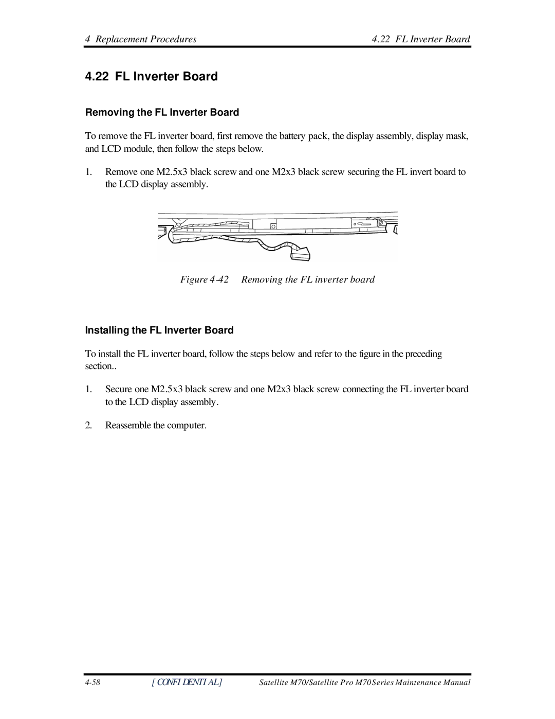 Toshiba M70 manual Removing the FL Inverter Board, Installing the FL Inverter Board 