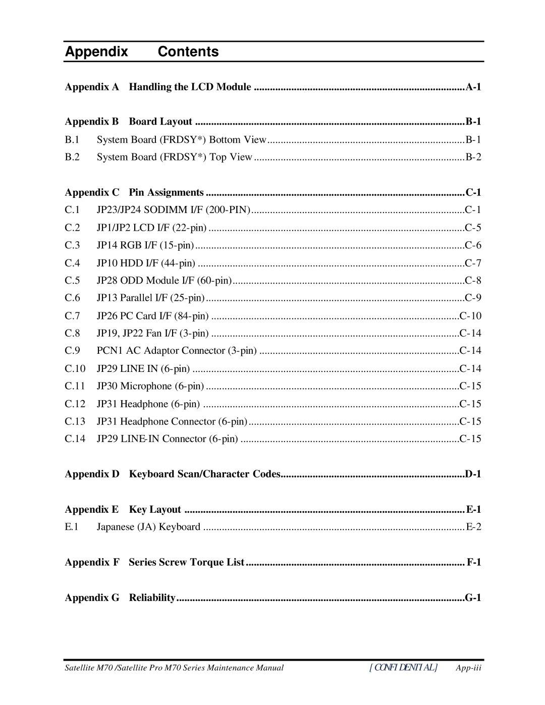 Toshiba M70 manual Appendix Contents 