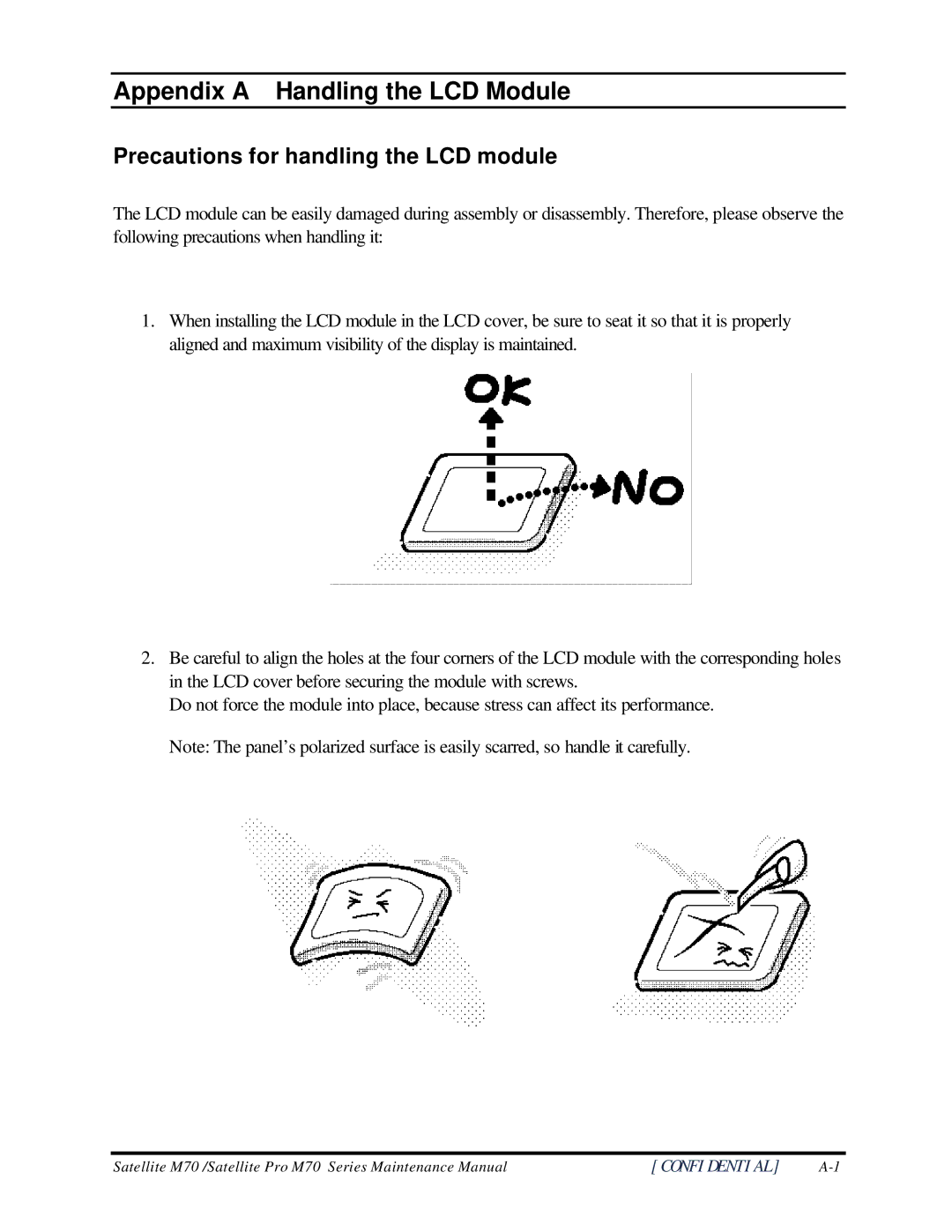 Toshiba M70 manual Appendix a Handling the LCD Module, Precautions for handling the LCD module 