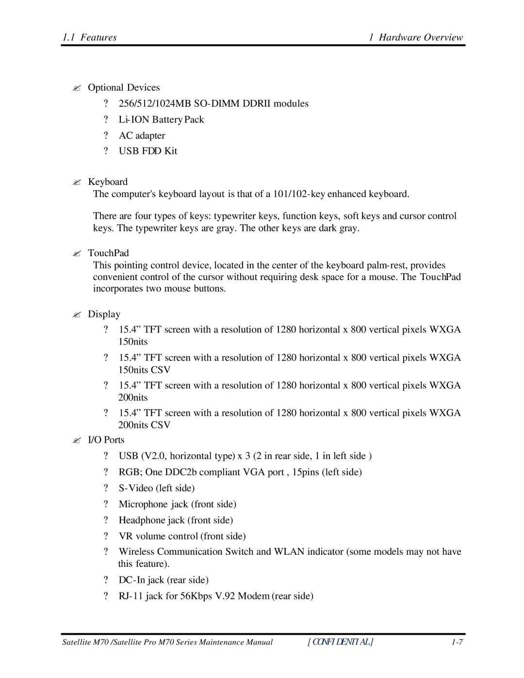 Toshiba M70 manual Features Hardware Overview 