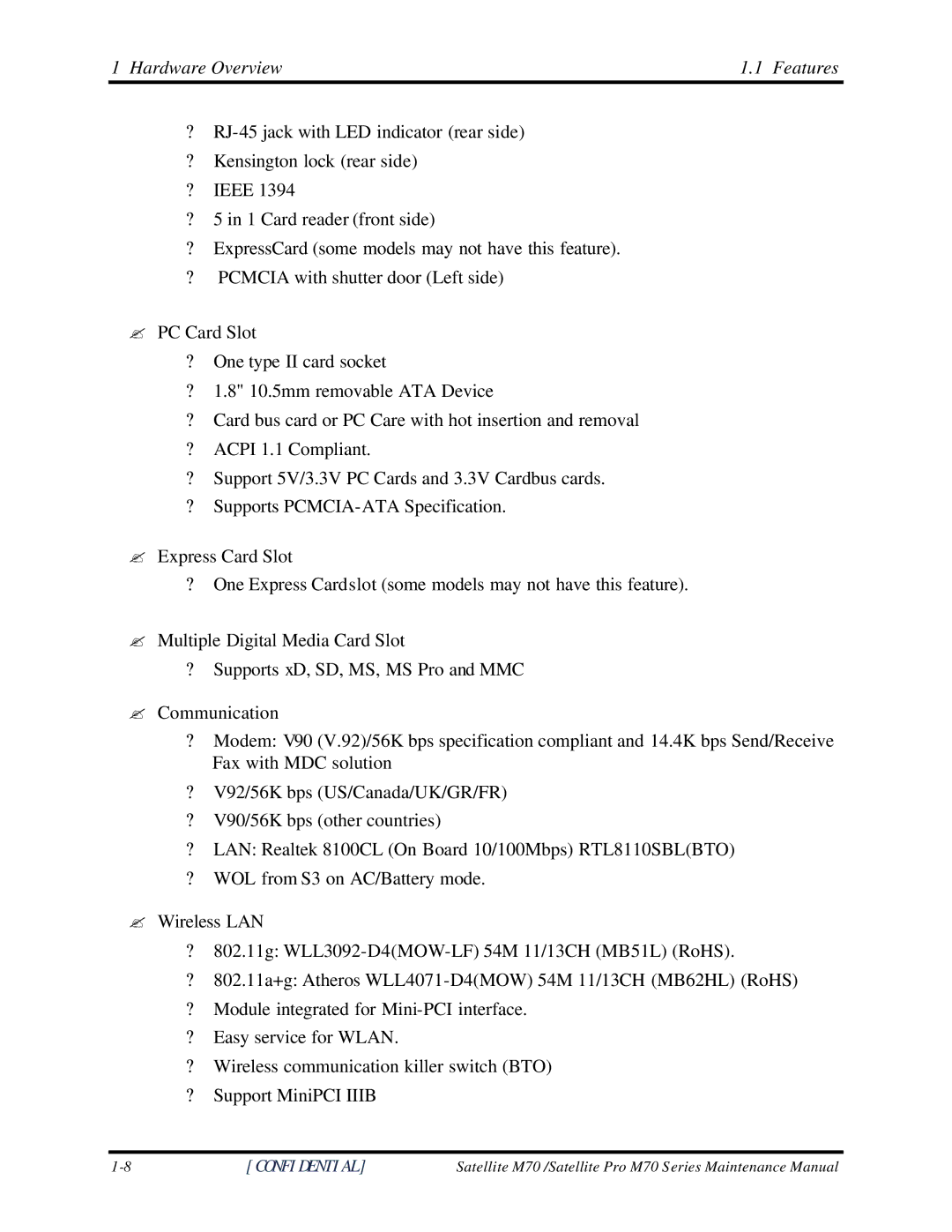 Toshiba M70 manual Hardware Overview Features 