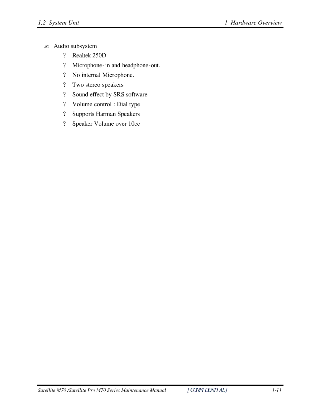 Toshiba M70 manual System Unit Hardware Overview 