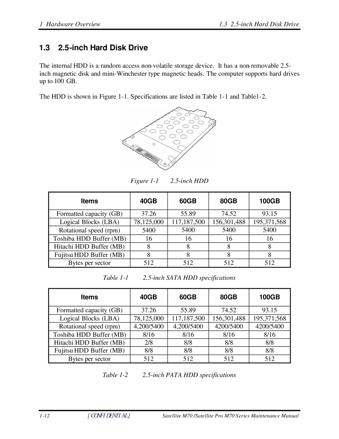 Toshiba M70 manual Hardware Overview 2.5-inch Hard Disk Drive, Inch HDD 